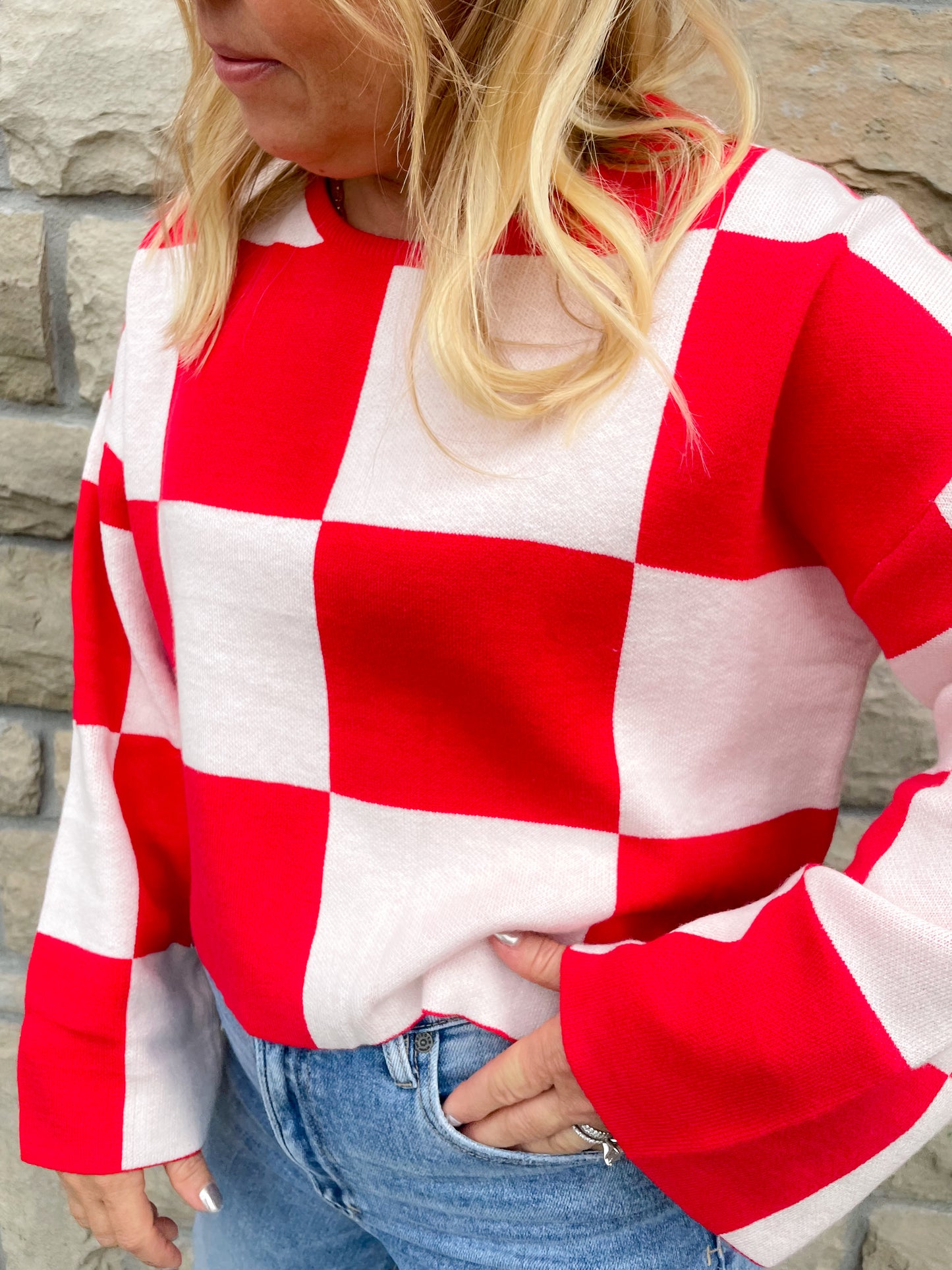 Line of Fire Check Sweater - Red - Revel Boutique