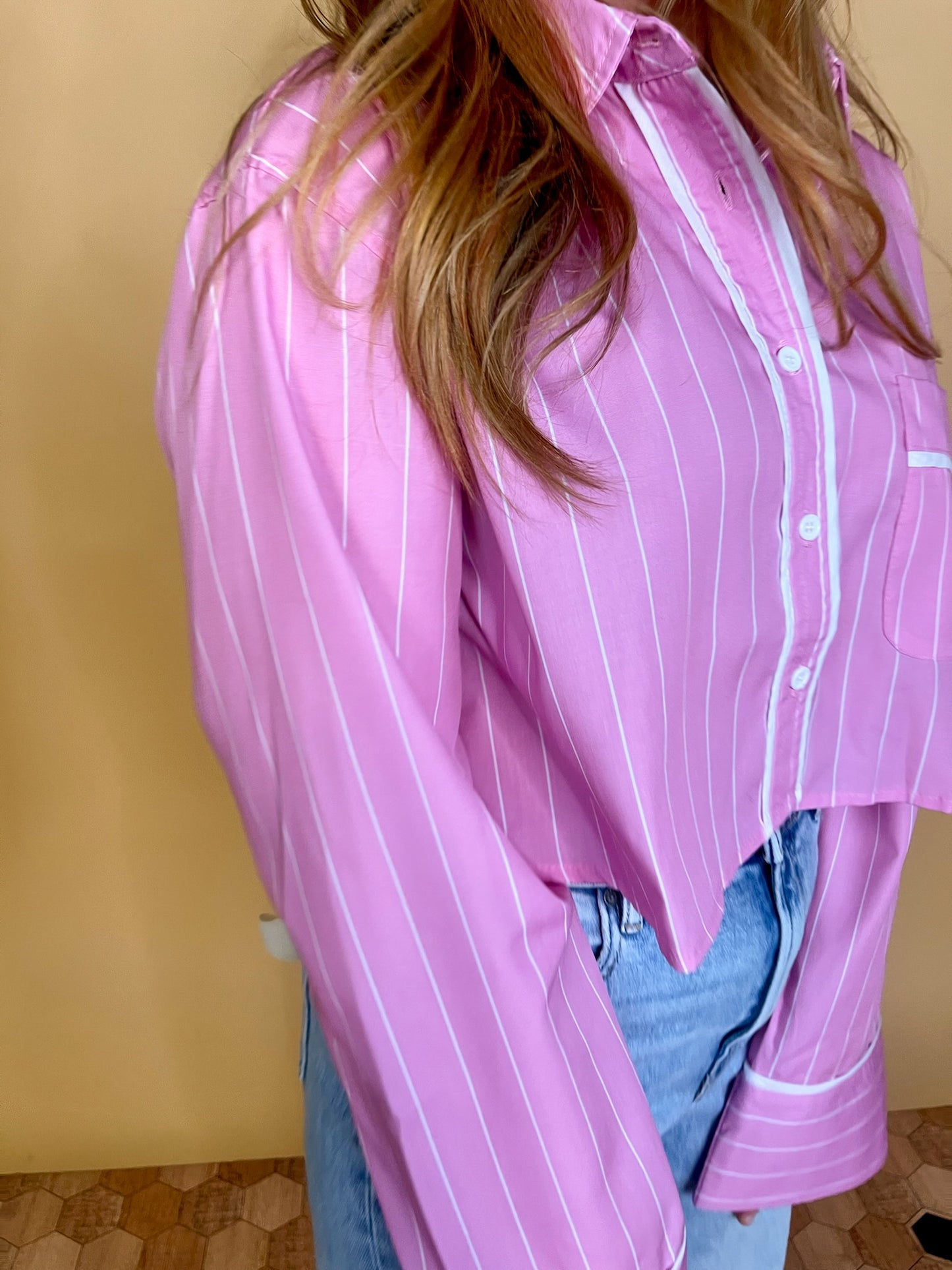 Eloise Crop Button Up - Pink Stripe - Revel Boutique