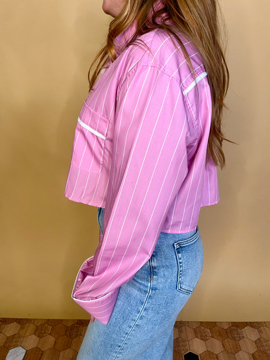 Eloise Crop Button Up - Pink Stripe - Revel Boutique