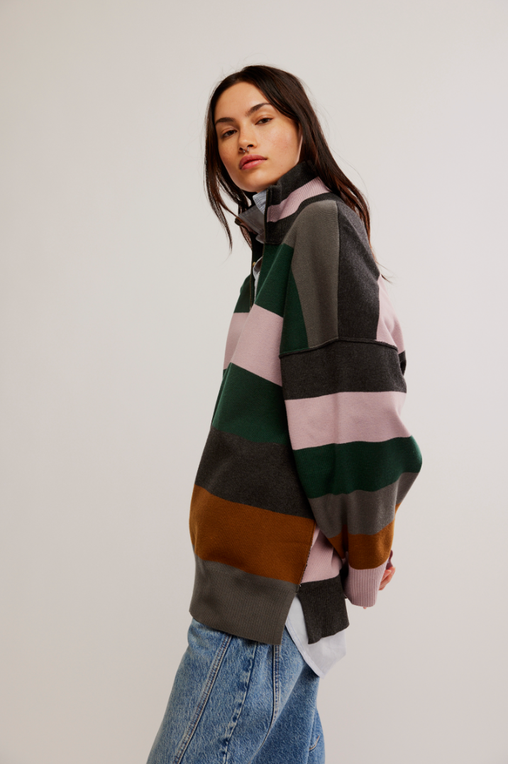 Free People: Coastal Stripe Pullover - Pine Grove