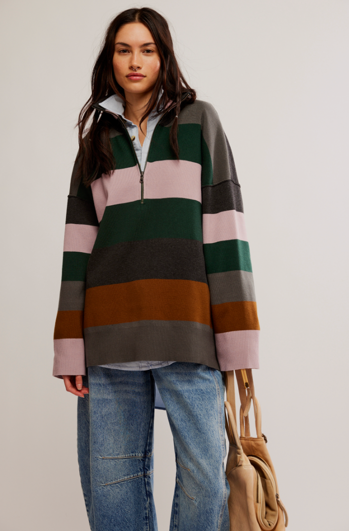 Free People: Coastal Stripe Pullover - Pine Grove