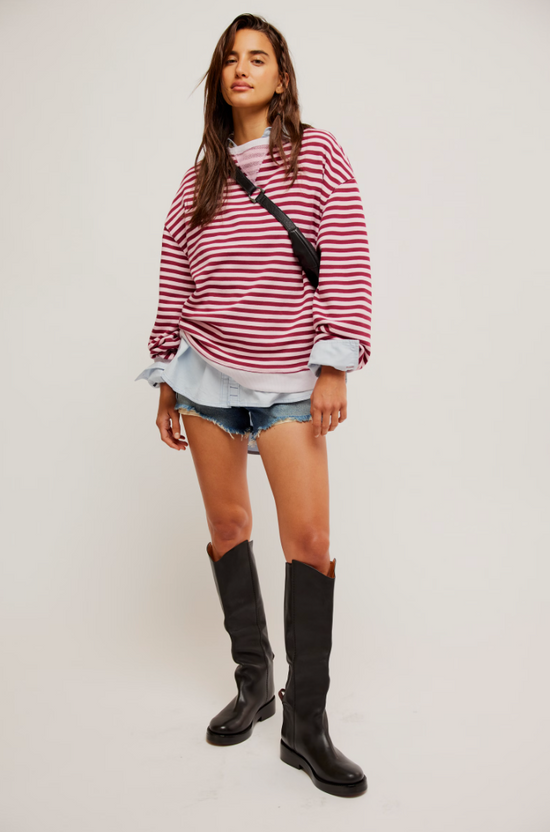 Free People: Classic Striped Crewneck - Raspberry - Revel Boutique