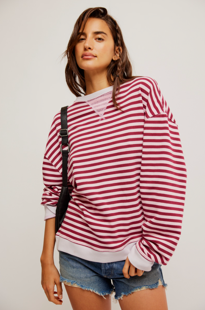 Free People: Classic Striped Crewneck - Raspberry - Revel Boutique