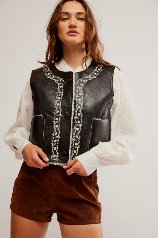 Free People: Travelers Leather Vest - Black/Cream - Revel Boutique