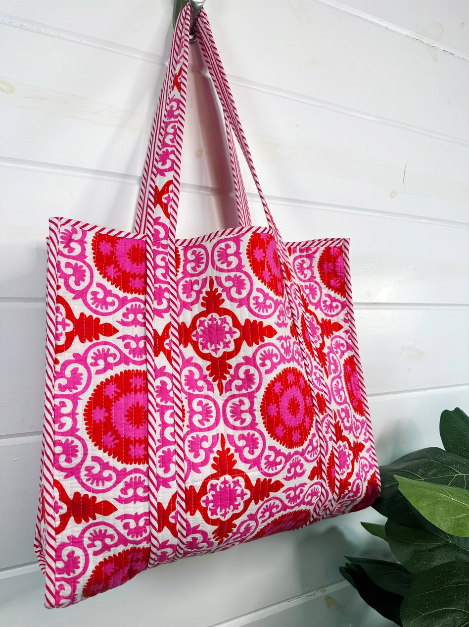 Quilted Tote Bag - Pink Medallion