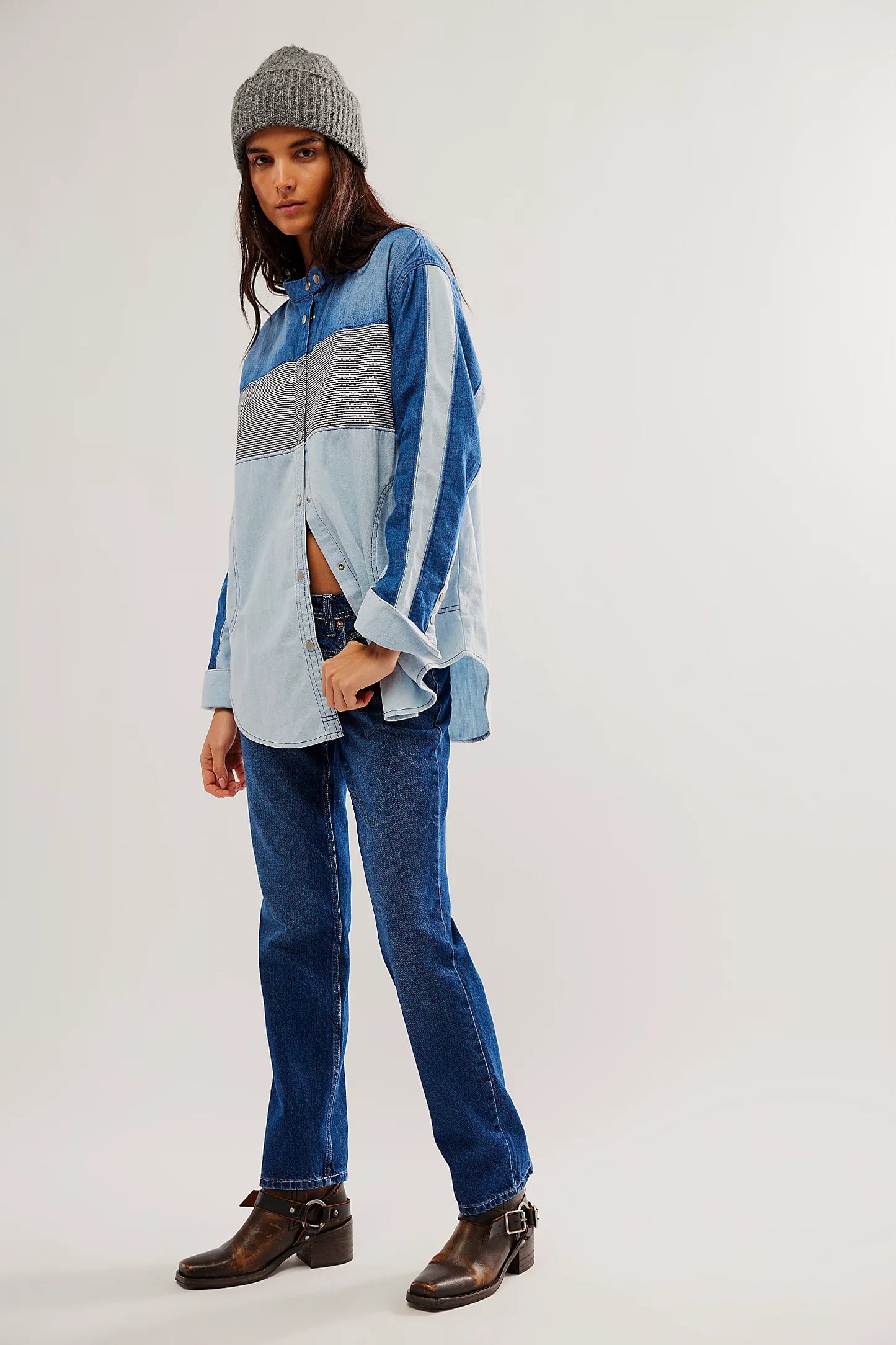 Free People: Moto Color Block Shirt - Blue Combo